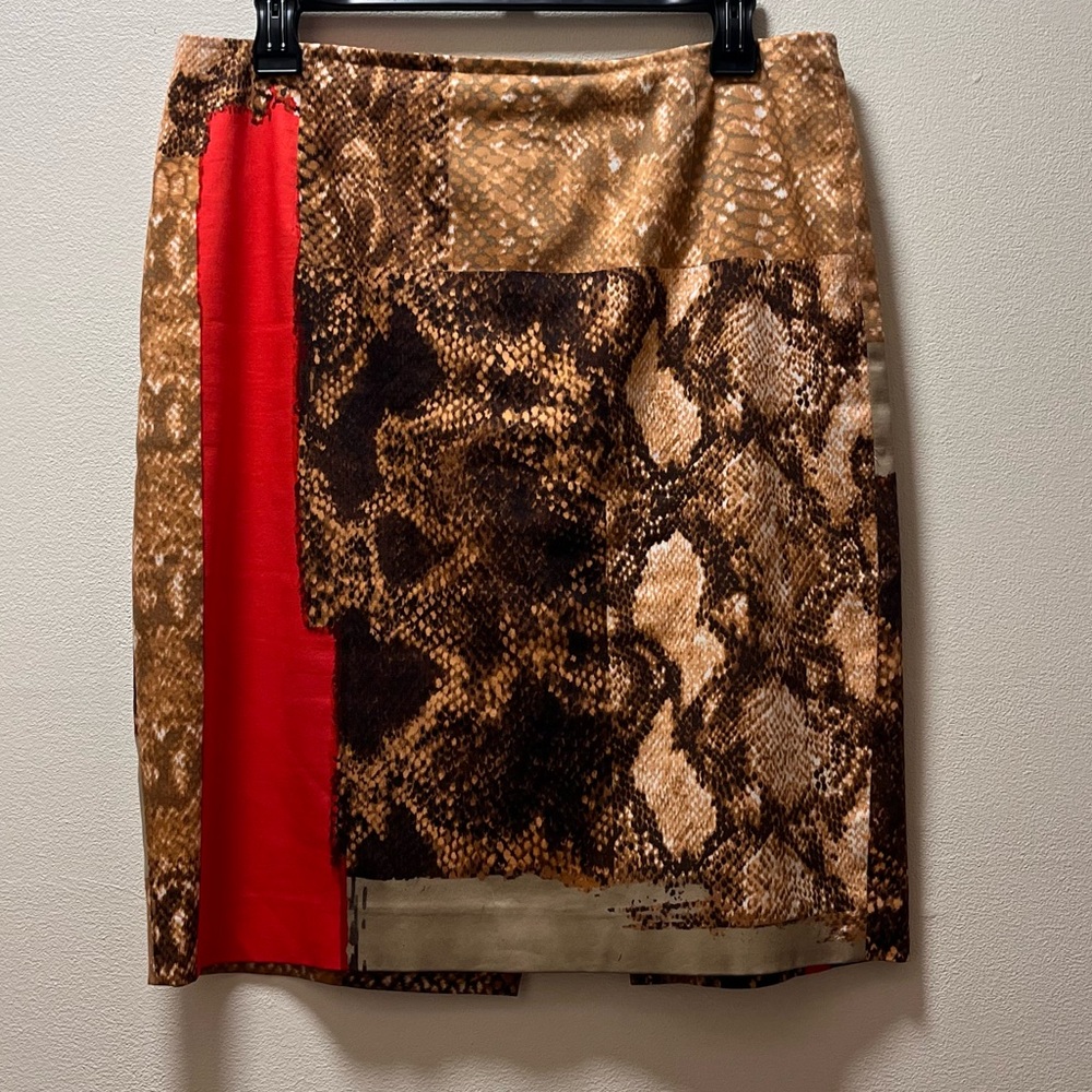 Elie Tahari Chic Indie Eclectic Classic Straight Skirt, Sz 10, Leopard with Red